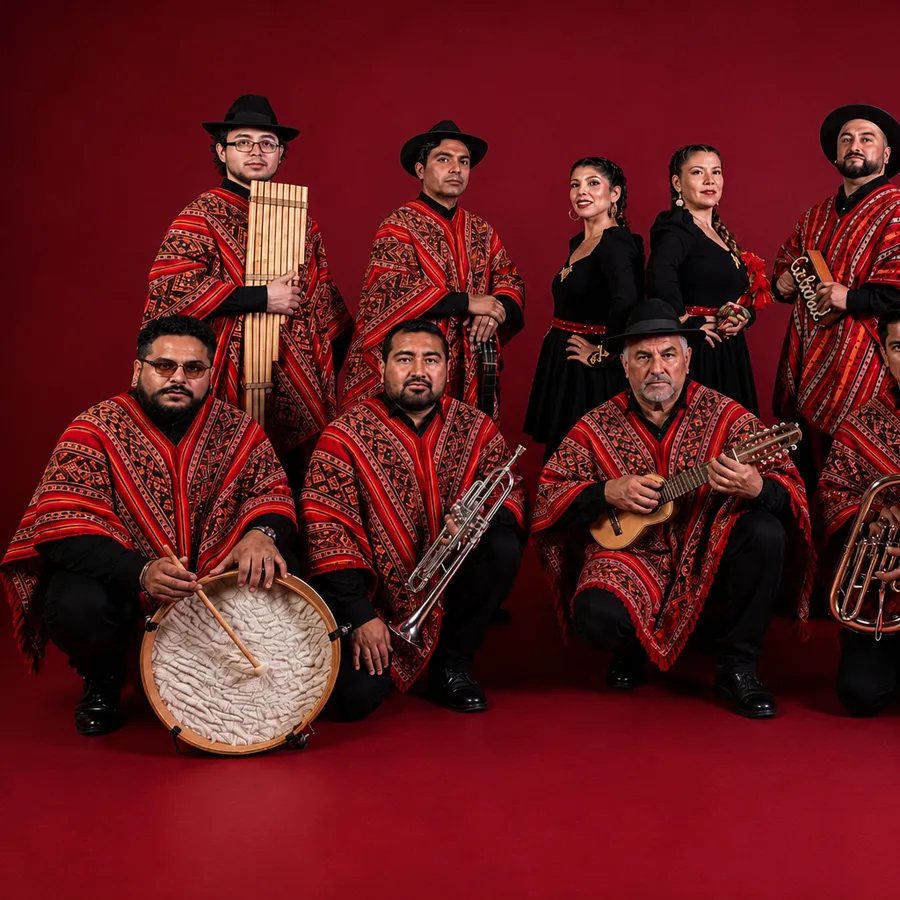 Conjunto Calichal, formación completa de 11 músicos con ponchos rojos tradicionales, sobre fondo rojo.